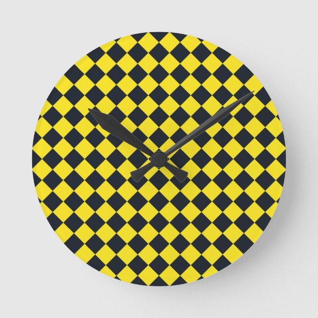 Yellow Black Checker Diamond Pattern Round Clock (Front)