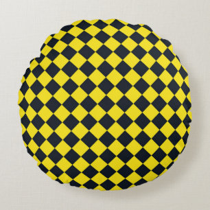 Yellow Black Checker Diamond Pattern Round Pillow