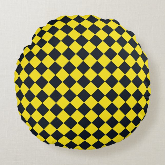Yellow Black Checker Diamond Pattern  Round Pillow (Front)