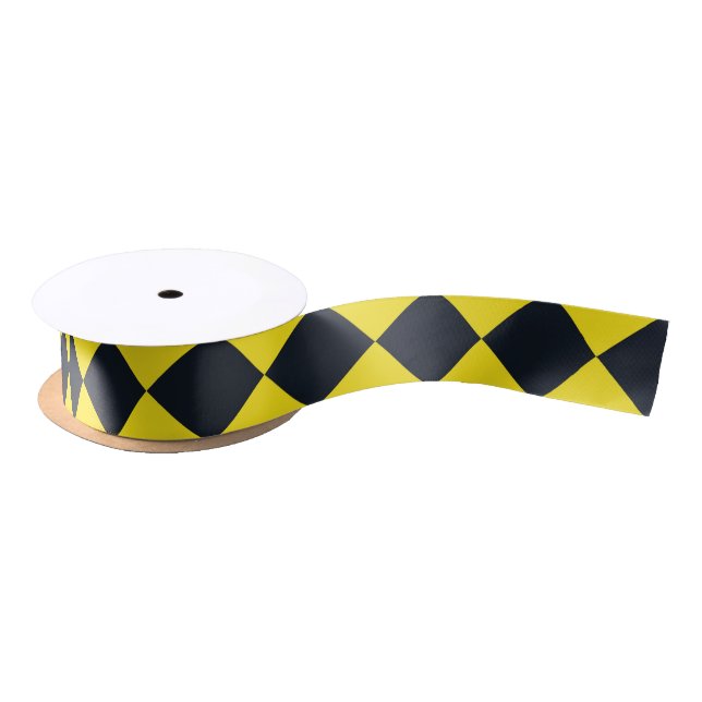Yellow Black Checker Diamond Pattern Satin Ribbon (Spool)