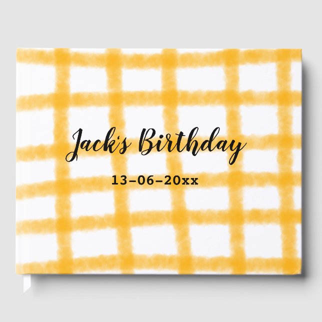 yellow black checkerboard add name date birthday  guest book (Front)