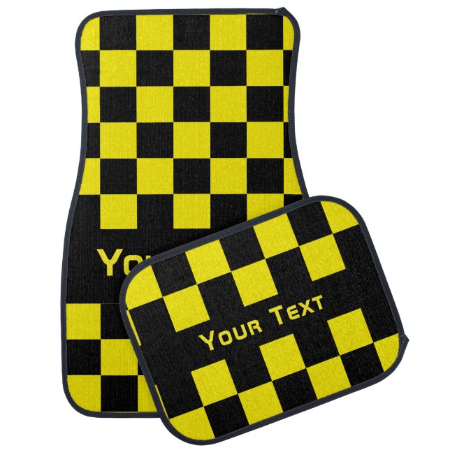 Yellow Black Checkered Car Floor Mat Custom Text (Set)