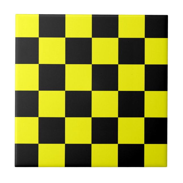 Yellow Black Checkered Check Pattern Ceramic Tile (Front)