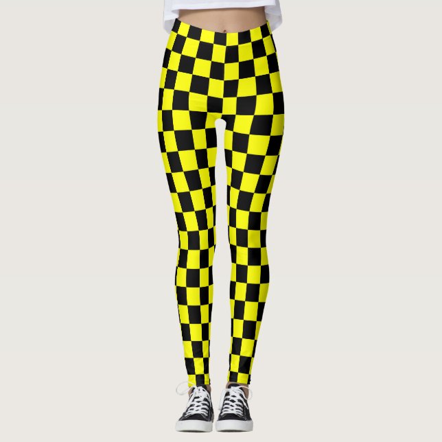 Yellow Black Checkered Check Pattern Leggings (Front)