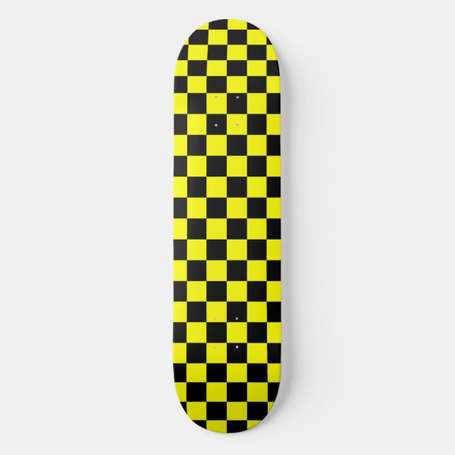 Yellow Black Checkered Check Pattern Skateboard (Front)