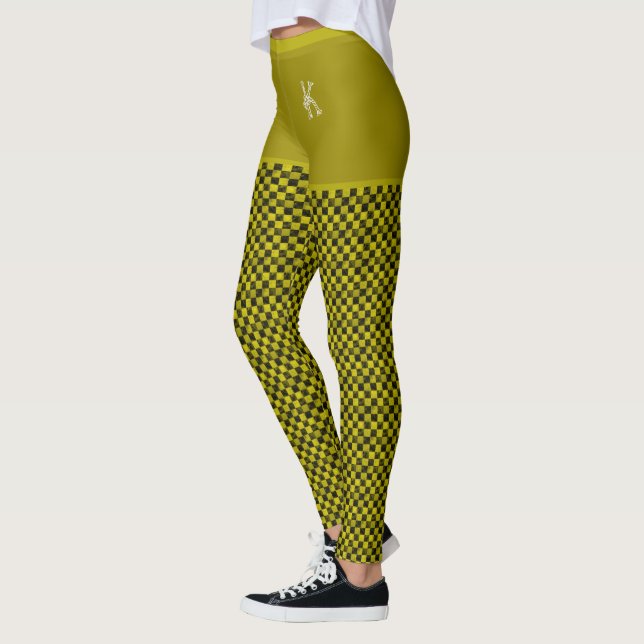 Yellow Black Checkered Pattern Monogram Customized Leggings (Left)