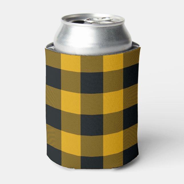 Yellow & Black Checkered Squares Buffalo Plaid Can Cooler (Can Front)