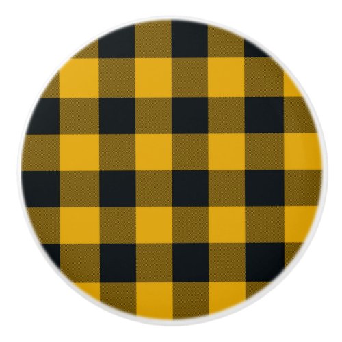 Yellow  Black Checkered Squares Buffalo Plaid Ceramic Knob