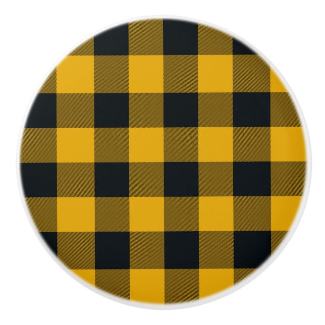 Yellow & Black Checkered Squares Buffalo Plaid Ceramic Knob (Front)