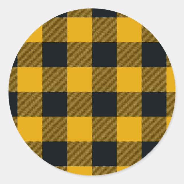 Yellow & Black Checkered Squares Buffalo Plaid Classic Round Sticker (Front)
