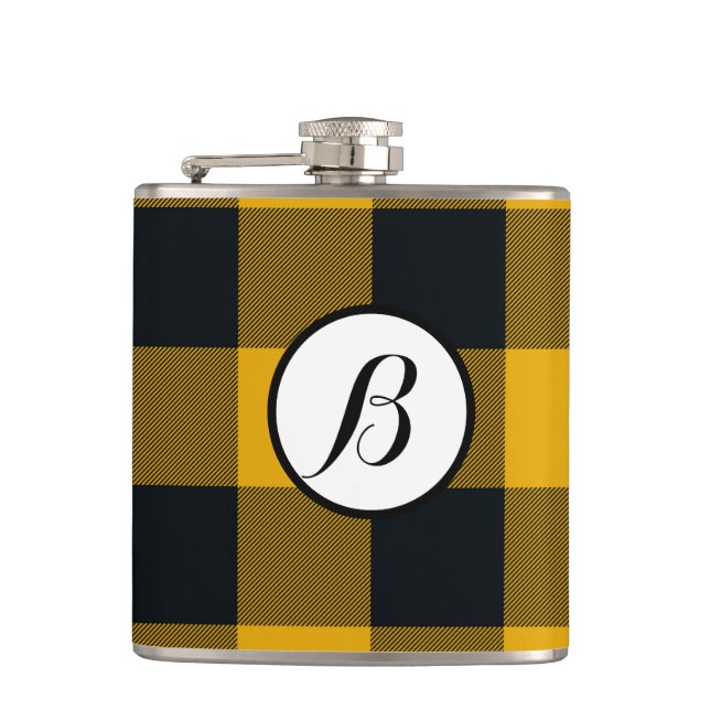 Yellow & Black Checkered Squares Buffalo Plaid Flask (Front)