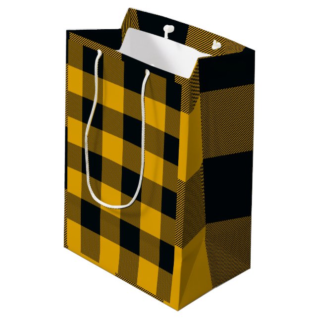 Yellow & Black Checkered Squares Buffalo Plaid Medium Gift Bag (Back Angled)
