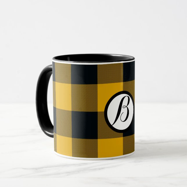 Yellow & Black Checkered Squares Buffalo Plaid Mug (Front Left)