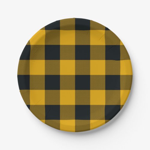 Yellow  Black Checkered Squares Buffalo Plaid Paper Plates