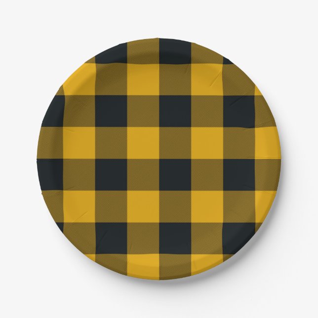 Yellow & Black Checkered Squares Buffalo Plaid Paper Plates (Front)