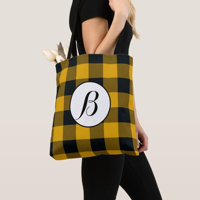 Yellow & Black Checkered Squares Buffalo Plaid Tote Bag (Close Up)