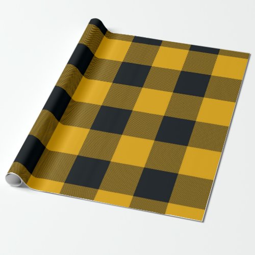 Yellow  Black Checkered Squares Buffalo Plaid Wrapping Paper