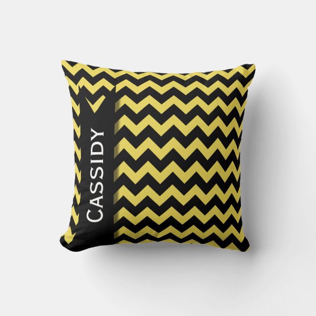 Yellow Black Chevron Pattern & Personalized Name Throw Pillow (Front)