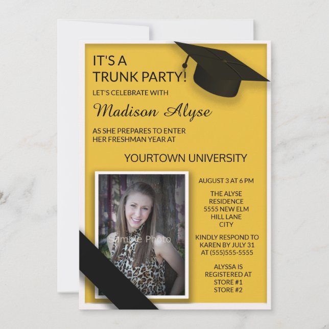 Yellow Black College Trunk Party Dorm Shower Photo Invitation (Front)