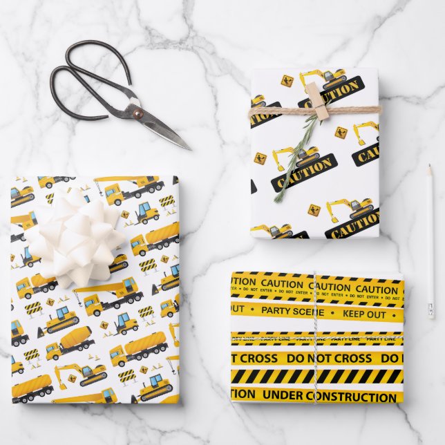 Yellow Black Construction Boy Birthday Gift Favor Wrapping Paper Sheets (Front)