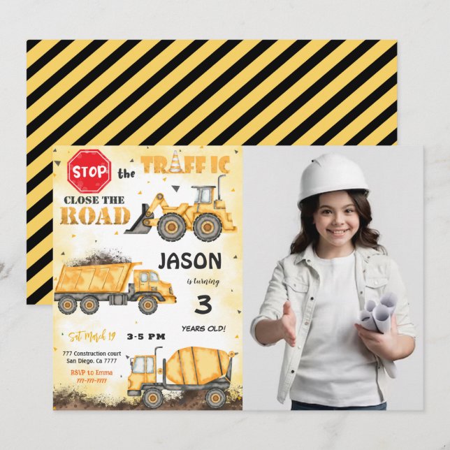 Yellow & Black Construction Photo Invitation (Front/Back)