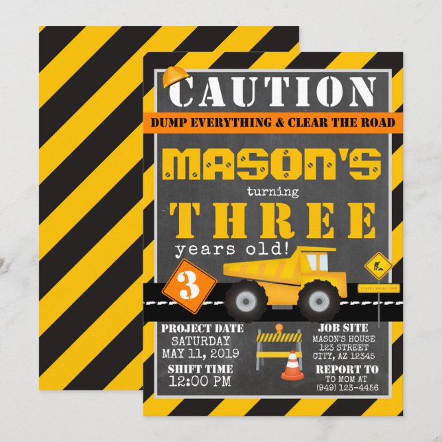 Yellow Black Construction Zone Dump Truck Party Invitation (Front/Back)