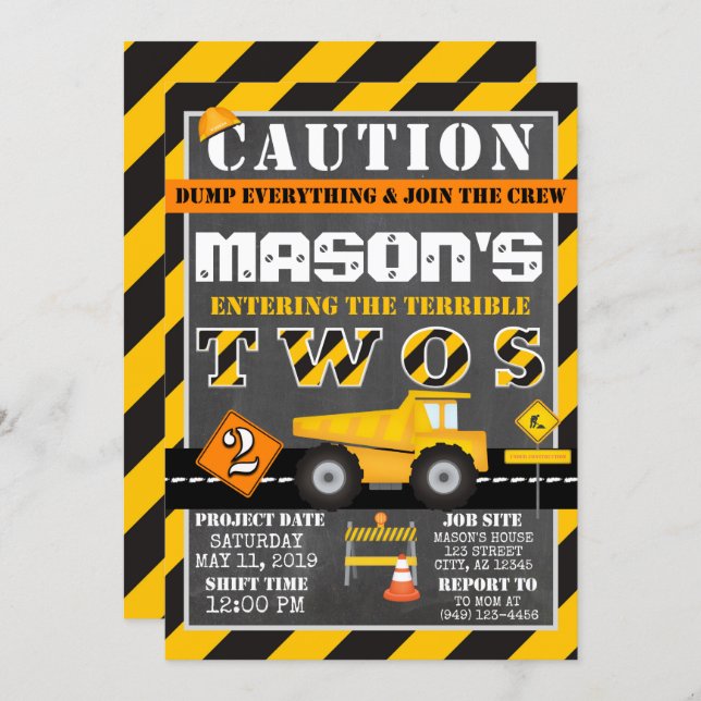 Yellow Black Construction Zone Dump Truck Party Invitation (Front/Back)