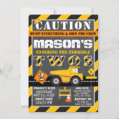 Yellow Black Construction Zone Dump Truck Party Invitation (Front)
