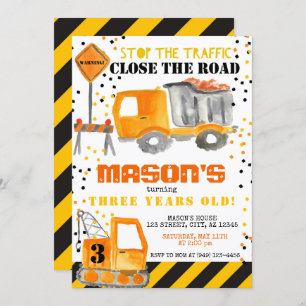 Yellow Black Construction Zone Dump Truck Party Invitation
