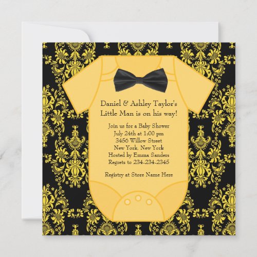 Yellow Black Damask Baby Boy Showe Invitation