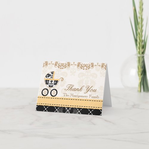 YELLOW Black Damask Baby Carriage Shower Thank You
