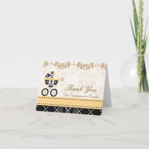 YELLOW Black Damask Baby Carriage Shower Thank You Card