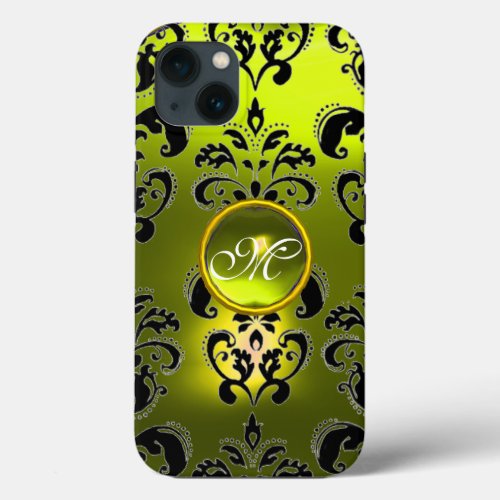 YELLOW BLACK DAMASK GEMSTONE MONOGRAM  iPhone 13 CASE