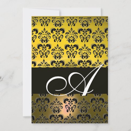 YELLOW BLACK DAMASK MONOGRAM bright white Invitation