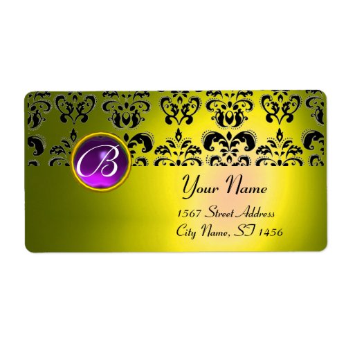 YELLOW BLACK DAMASK MONOGRAMpurple amethyst Label