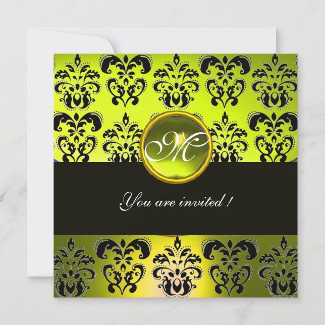 YELLOW BLACK DAMASK MONOGRAM,  topaz Invitation (Front)