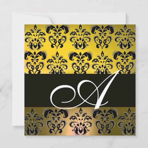 YELLOW BLACK  DAMASK MONOGRAM  white Invitation