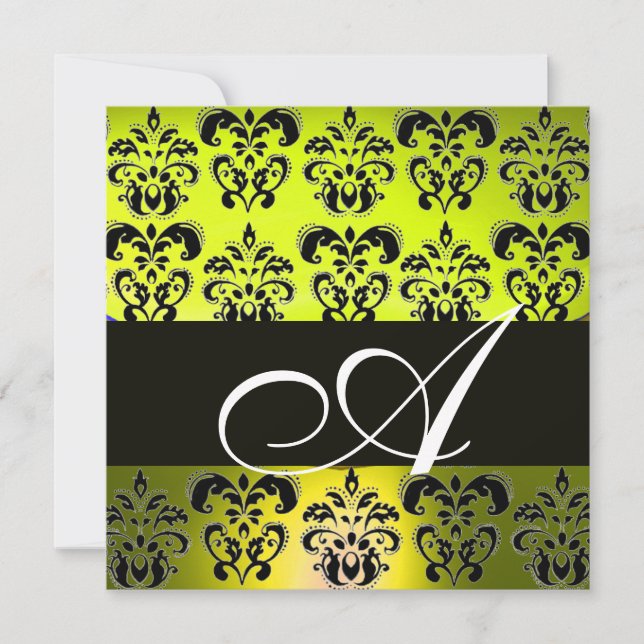 YELLOW BLACK  DAMASK MONOGRAM , white Invitation (Front)