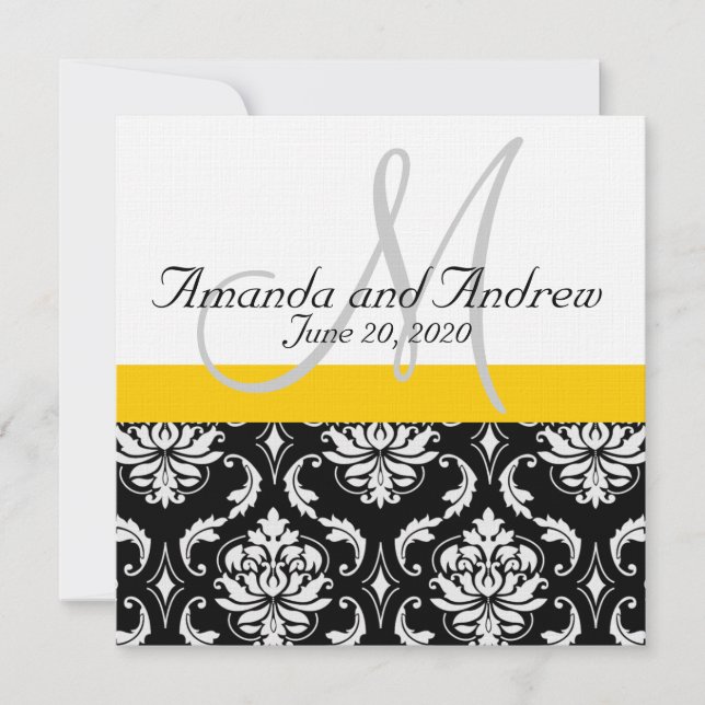 Yellow Black Damask Names Wedding Invitation (Front)