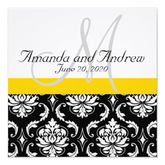 Yellow Black Damask Names Wedding Invitation