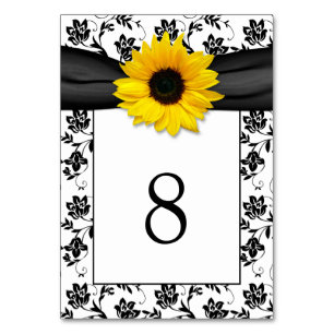 Yellow Black Damask Sunflower Ribbon Wedding Table Number