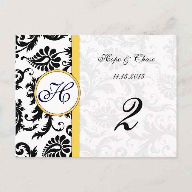Yellow & Black Damask Swirls Table Number Cards (Front)