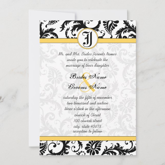 Yellow & Black Damask Swirls Wedding Invitations (Front)