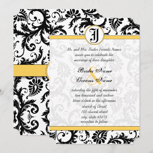 Yellow & Black Damask Swirls Wedding Invitations (Front/Back)