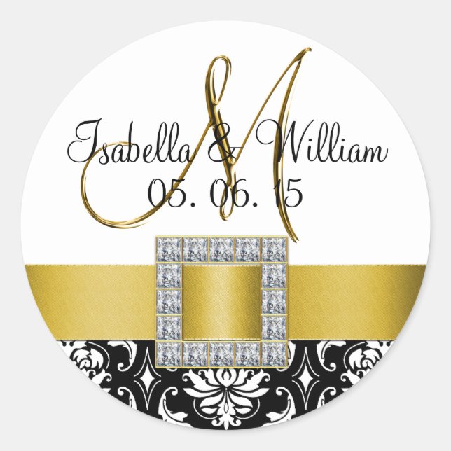 Yellow Black Damask Wedding Favor Sticker (Front)