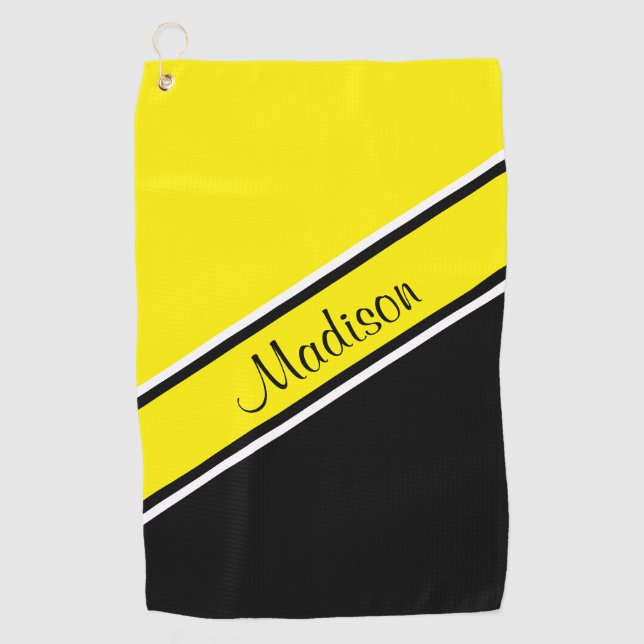 Yellow Black Diagonal Stripe Script Name Golf Towel (Front)