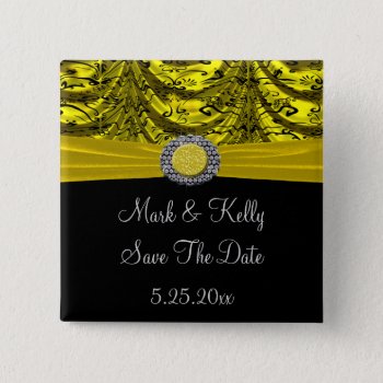 Yellow & Black Draped Baroque Save The Date Button by StarStruckDezigns at Zazzle