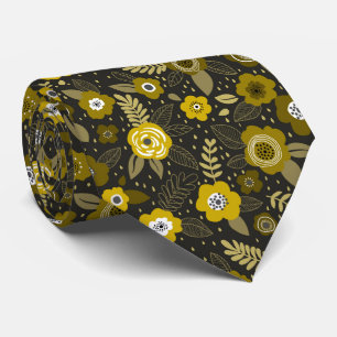 Yellow black elegant ditsy floral pattern neck tie