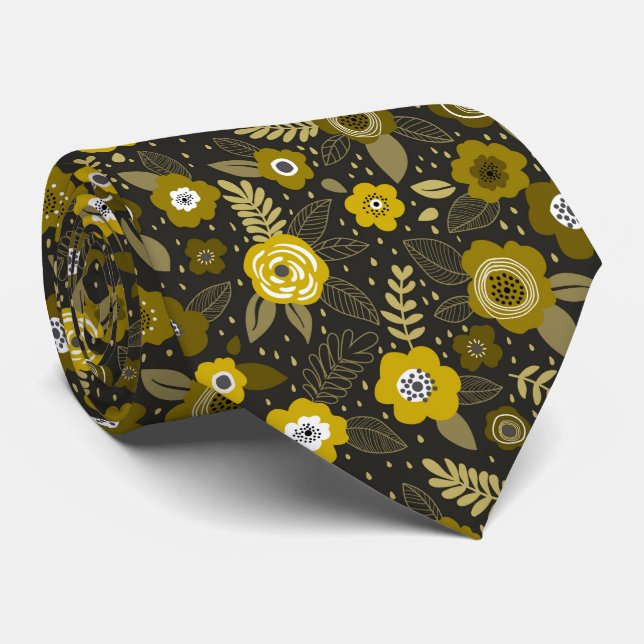 Yellow black elegant ditsy floral pattern neck tie (Rolled)