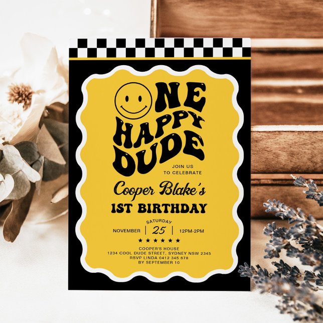 Yellow Black Emoji One Happy Dude Boy 1st Birthday Invitation (Creator Uploaded)